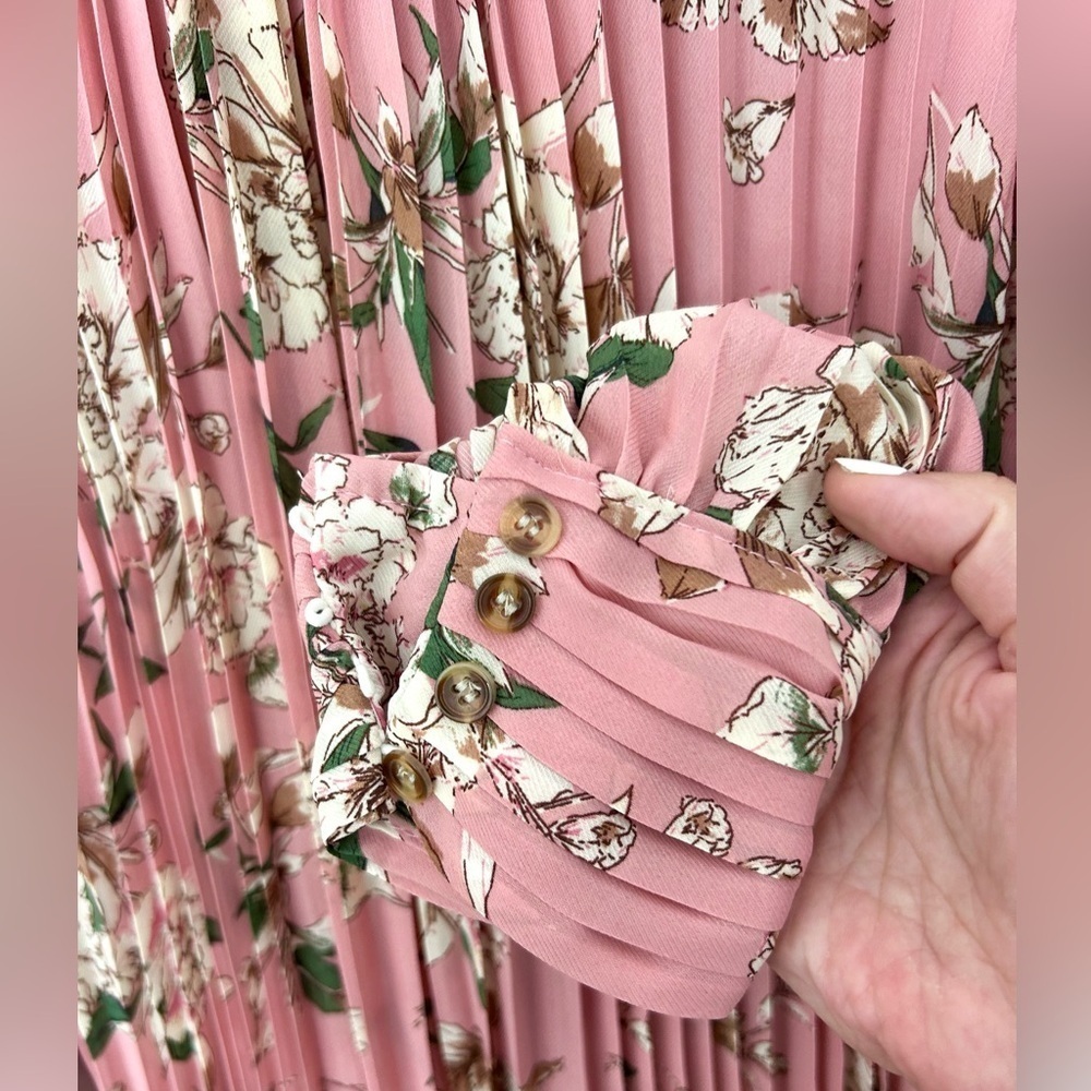 Unique pink printed pleated dress maxi flowy floral print long sleeve - Picture 7 of 9
